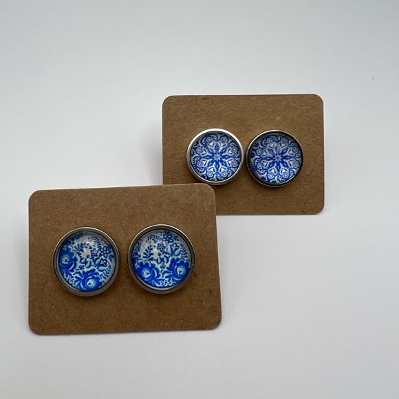 Classic Silver & Blue Stud Earrings - Stylish Blue Trendy Small Earrings - Picture 7 of 13